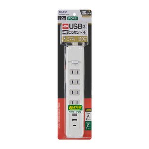 エルパ PD対応 集中スイッチ付USBタップ(4個口・2m) WLS-4322SUC(W)-イメージ2