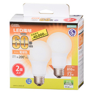 オーム電機 LED電球 E26口金 全光束810lm(7．3W一般電球タイプ) 電球色相当 2個入り LDA7L-G AG53 2P-イメージ1