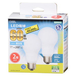 オーム電機 LED電球 E26口金 全光束860lm(7．3W一般電球タイプ) 昼白色相当 2個入り LDA7N-G AG53 2P-イメージ1