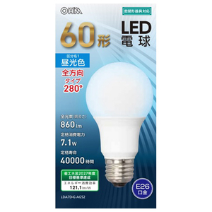 オーム電機 LED電球 E26口金 全光束860lm(7．1W普通電球全方向タイプ) 昼光色相当 LDA7D-G AG52-イメージ1