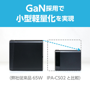 ミヨシ USB PD対応 GaN USB-ACアダプタ 65W Type-Cケーブル付 ブラック IPA-CS03/BK-イメージ4