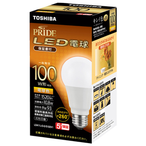 東芝 LED電球 E26口金 全光束1520lm(10．8W一般電球タイプ) 電球色相当 LDA11L-D-G/S100V1-イメージ1
