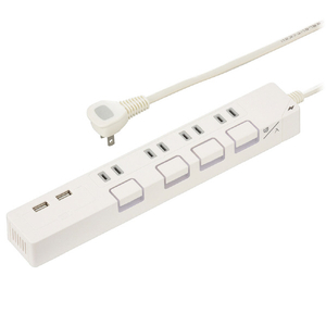 オーム電機 節電タップ光る押しボタンスイッチ雷ガード・USBポート付き(2P・4個口・2m) ホワイト HS-TPKU42W-22-イメージ1
