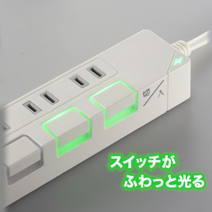 オーム電機 節電タップ光る押しボタンスイッチ雷ガード・USBポート付き(2P・4個口・2m) ホワイト HS-TPKU42W-22-イメージ2