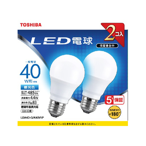東芝 LED電球 E26口金 全光束485lm(4．4W一般電球タイプ) 昼光色相当 2個パック LDA4D-G/K40V1P-イメージ1