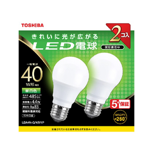 東芝 LED電球 E26口金 全光束485lm(4．4W一般電球タイプ) 昼白色相当 LDA4N-G/40V1P-イメージ1