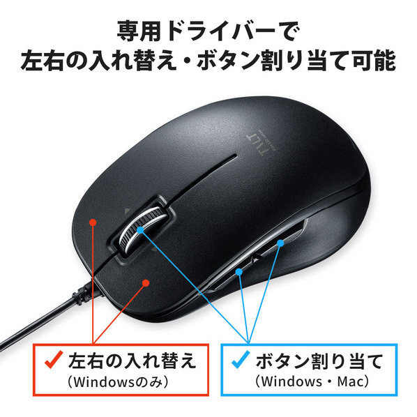 エディオンネットショップ サンワサプライ Mabl191bk 静音有線ブルーledマウス 5ボタン チルトホイール ブラック